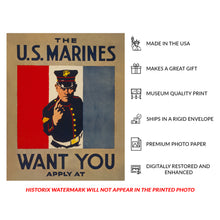 Cargar imagen en el visor de la galería, Digitally Restored and Enhanced 1917 WWI Marines Recruitment Poster - The US Marines Want You - World War I Military Propaganda - Archival Print