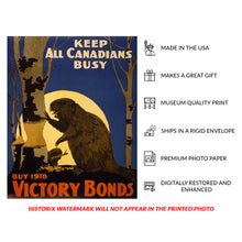 Cargar imagen en el visor de la galería, Digitally Restored and Enhanced 1918 Canadian Victory Bonds Poster - Keep All Canadians Busy Beaver - WWI Dominion Home Front - Archival Print