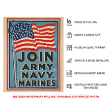 Load image into Gallery viewer, Digitally Restored and Enhanced 1917 WWI Recruitment Poster Print - Join Army NAvy MArines Enlistment - World War I Propaganda - Archival Print