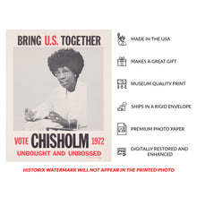 Cargar imagen en el visor de la galería, Digitally Restored and Enhanced 1972 Shirley Chisholm Campaign Poster - Unbought Unbossed Presidential Election - Bring U.S. Together - Archival Print