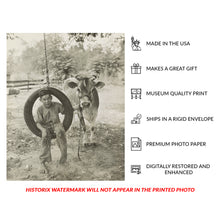Cargar imagen en el visor de la galería, Digitally Restored and Enhanced 1925 Farm Boy Photo - Tire Swing Cow Rural America - Agricultural Childhood Roaring Twenties - Archival Print