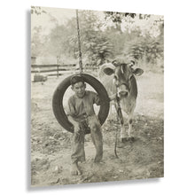Cargar imagen en el visor de la galería, Digitally Restored and Enhanced 1925 Farm Boy Photo - Tire Swing Cow Rural America - Agricultural Childhood Roaring Twenties - Archival Print
