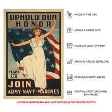 Load image into Gallery viewer, Digitally Restored and Enhanced 1917 WWI Recruitment Poster - Uphold Our Honor Army Navy Marines - World War I Propaganda - Archival Print