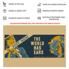 Load image into Gallery viewer, Digitally Restored and Enhanced 1941 WWII Security Poster - Keep Mum the World Has Ears - World War II Home Front Propaganda - Archival Print