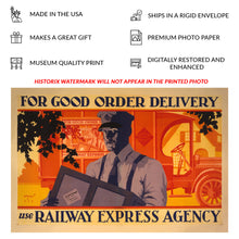Load image into Gallery viewer, Digitally Restored and Enhanced 1929 Railway Express Agency Poster - Good Order Delivery - Commercial Rail Shipping Advertising - Archival Print