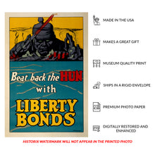 Load image into Gallery viewer, Digitally Restored and Enhanced 1918 WWI Liberty Poster - Beat Back the Hun - World War I Propaganda Fourth Liberty Loan - Archival Print