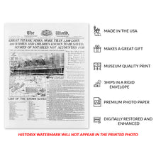 Load image into Gallery viewer, Digitally Restored and Enhanced 1958 Photograph of The World Newspaper Headlining The Sinking of The Titanic - Titanic on Vintage Newspaper Photo Print