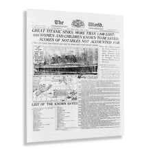 Load image into Gallery viewer, Digitally Restored and Enhanced 1958 Photograph of The World Newspaper Headlining The Sinking of The Titanic - Titanic on Vintage Newspaper Photo Print
