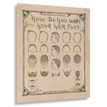 Load image into Gallery viewer, Digitally Restored and Enhanced 1890 How Do You Want Your Hair Cut Victorian Barber Print - Americana Trade Art History - Archival Reproduction