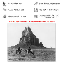 Cargar imagen en el visor de la galería, Digitally Restored and Enhanced 1914 Old Shiprock Photo Print - Vintage Photo of Two Navajo Indians on Horses Near The Base of Old Shiprock Poster Wall Art