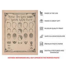 Load image into Gallery viewer, Digitally Restored and Enhanced 1890 How Do You Want Your Hair Cut Victorian Barber Print - Americana Trade Art History - Archival Reproduction