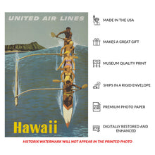 Load image into Gallery viewer, Digitally Restored and Enhanced 1960 Hawaii United Air Lines Travel Poster - Diamond Head Waikiki Outrigger Canoe - Mid-Century Aviation - Archival Print
