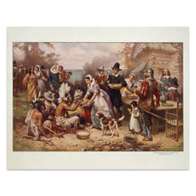Load image into Gallery viewer, Digitally Restored and Enhanced 1932 First Thanksgiving Print - Pilgrims Wampanoag Plymouth 1621 - Colonial America Harvest Feast - Archival Print