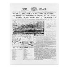 Load image into Gallery viewer, Digitally Restored and Enhanced 1958 Photograph of The World Newspaper Headlining The Sinking of The Titanic - Titanic on Vintage Newspaper Photo Print