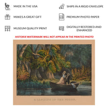 Cargar imagen en el visor de la galería, Digitally Restored and Enhanced 1856 A Landing in the Woods Print - Currier Ives Victorian Courtship Rowboat Romantic - Antebellum - Archival Print