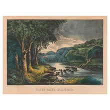 Load image into Gallery viewer, Digitally Restored and Enhanced 1856 Silver Creek California Print - Currier Ives Moonlit River Gold Rush Era Landscape - Antebellum - Archival Print
