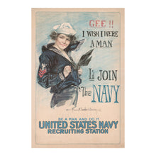 Cargar imagen en el visor de la galería, Digitally Restored and Enhanced 1917 WWI Navy Recruitment Poster Print - Gee I Wish I Were a Man - World War I Propaganda - Archival Print