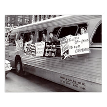 Load image into Gallery viewer, Digitally Restored and Enhanced 1961 Freedom Ride Protest Print Photo - Freedom Riders Group Hang Sign on Side of Bus Windows Vintage Poster Photo Print