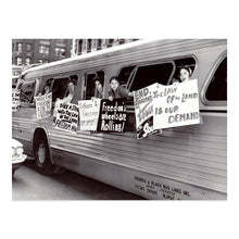 Load image into Gallery viewer, Digitally Restored and Enhanced 1961 Freedom Ride Protest Print Photo - Freedom Riders Group Hang Sign on Side of Bus Windows Vintage Poster Photo Print