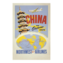 Load image into Gallery viewer, Digitally Restored and Enhanced 1950 China Northwest Orient Airlines Travel Poster - Overland Route Pagoda Map - Mid-Century Transpacific - Archival Print