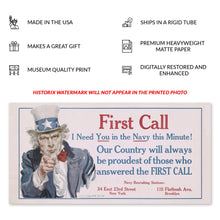 Cargar imagen en el visor de la galería, Digitally Restored and Enhanced 1917 Uncle Sam First Call Navy Recruiting WWI Poster - World War I Military Propaganda - Archival Reproduction