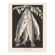 Load image into Gallery viewer, Digitally Restored and Enhanced 1872 Just Caught Trout Pickerel Print - Currier Ives Fishing Angling Trophy Sporting Art - Gilded Age - Archival Print
