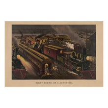 Cargar imagen en el visor de la galería, Digitally Restored and Enhanced 1885 Night Scene at a Junction Print - Currier Ives Railroad Train Locomotive Moonlight - Gilded Age - Archival Print