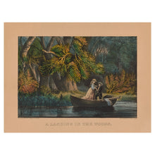 Cargar imagen en el visor de la galería, Digitally Restored and Enhanced 1856 A Landing in the Woods Print - Currier Ives Victorian Courtship Rowboat Romantic - Antebellum - Archival Print