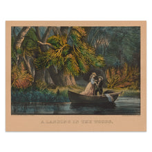Cargar imagen en el visor de la galería, Digitally Restored and Enhanced 1856 A Landing in the Woods Print - Currier Ives Victorian Courtship Rowboat Romantic - Antebellum - Archival Print