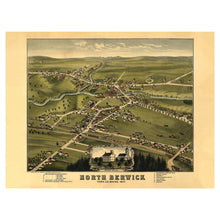 Load image into Gallery viewer, Digitally Restored and Enhanced 1877 Birds Eye View North Berwick Maine Print - Ruger York County Great Works River Mill - Gilded Age - Archival Print