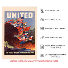 Cargar imagen en el visor de la galería, Digitally Restored and Enhanced 1943 Allied Nations Flags Poster - WWII Home Front - Patriotic War Effort Art - United States Wartime Graphics