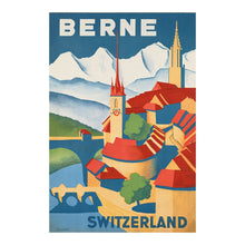 Cargar imagen en el visor de la galería, Digitally Restored and Enhanced 1935 Berne Switzerland Travel Poster - Medieval Old Town Cityscape - 1930s European Tourism Art - Swiss Plateau Aare River Region