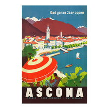 Cargar imagen en el visor de la galería, Digitally Restored and Enhanced 1910 Ascona Lake Maggiore Travel Poster - Ticino Italian Switzerland - Lakefront Resort Art - Southern Alps Tourism