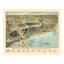 Cargar imagen en el visor de la galería, Digitally Restored and Enhanced 1893 Chicago Worlds Columbian Exposition Map - Gilded Age - Birds Eye View Art - Jackson Park Illinois Lakefront