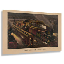 Cargar imagen en el visor de la galería, Digitally Restored and Enhanced 1885 Night Scene at a Junction Print - Currier Ives Railroad Train Locomotive Moonlight - Gilded Age - Archival Print