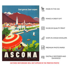 Cargar imagen en el visor de la galería, Digitally Restored and Enhanced 1910 Ascona Lake Maggiore Travel Poster - Ticino Italian Switzerland - Lakefront Resort Art - Southern Alps Tourism