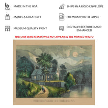 Load image into Gallery viewer, Digitally Restored and Enhanced 1856 The Cottage by the Cliff Print - Currier Ives Moonlit River Victorian Domestic Art - Hearthside - Archival Print
