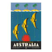 Load image into Gallery viewer, Digitally Restored and Enhanced 1930 Great Barrier Reef Queensland Travel Poster - Art Deco Design - Tropical Island Palms and Coral Fish - Australian Tourism