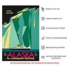 Cargar imagen en el visor de la galería, Digitally Restored and Enhanced 1910 Alaska Taku Glacier Steamship Travel Poster - Golden Age Ocean Liner Voyage - Juneau Inside Passage Cruise Tourism Art