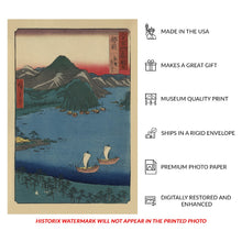 Load image into Gallery viewer, Digitally Restored and Enhanced 1853 Echizen Province Sunset Print - Hiroshige Sixty Odd Provinces Sailboats Sea of Japan - Edo Period - Archival Print