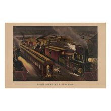 Cargar imagen en el visor de la galería, Digitally Restored and Enhanced 1885 Night Scene at a Junction Print - Currier Ives Railroad Train Locomotive Moonlight - Gilded Age - Archival Print