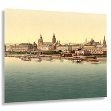 Cargar imagen en el visor de la galería, Digitally Restored and Enhanced 1890 Mainz Rhine Bridge Germany Print - Photochrom Gutenberg City River Waterfront Cathedral - Victorian Era - Archival Print