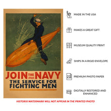 Cargar imagen en el visor de la galería, 1917 Join the Navy Fighting Men WWI Recruitment Poster - World War I Military Propaganda - Archival Reproduction