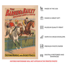 Load image into Gallery viewer, Digitally Restored and Enhanced 1900 Barnum & Bailey Circus Poster - Exciting Hurdle and Jockey Races - Victorian Equestrian - Archival Print