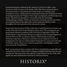 Cargar imagen en el visor de la galería, Digitally Restored and Enhanced 1865 Camp Dennison Map Print - Vintage Bird's Eye View Map of Camp Dennison Northeast of Cincinnati Ohio Wall Art Poster