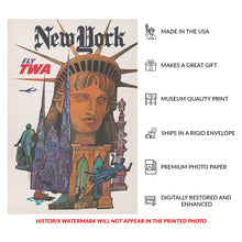 Load image into Gallery viewer, Digitally Restored and Enhanced 1970 New York City TWA Vintage Airline Travel Poster - Jet Age Aviation Skyline Art - Museum-Quality Print