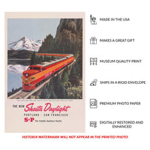 Load image into Gallery viewer, Digitally Restored and Enhanced 1950 Shasta Daylight Portland San Francisco Railroad Poster - Vintage Pacific Coast Train Tourism - Scenic Railway Art - Archival Reproduction