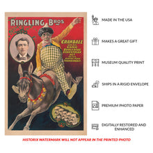 Load image into Gallery viewer, Digitally Restored and Enhanced 1899 Ringling Bros Circus Poster - Crandall Clown and Mule Thunderbolt - Victorian Americana - Archival Print