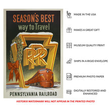 Load image into Gallery viewer, Digitally Restored and Enhanced 1955 Pennsylvania Railroad Christmas Travel Poster - Vintage Holiday Train Tourism - Mid-Century Railway Art - Archival Reproduction
