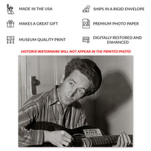 Load image into Gallery viewer, Digitally Restored and Enhanced 1943 Woody Guthrie Photo Print - Vintage Portrait Photo of Woody Guthrie Playing Guitar - Woody Guthrie Old Poster Photo
